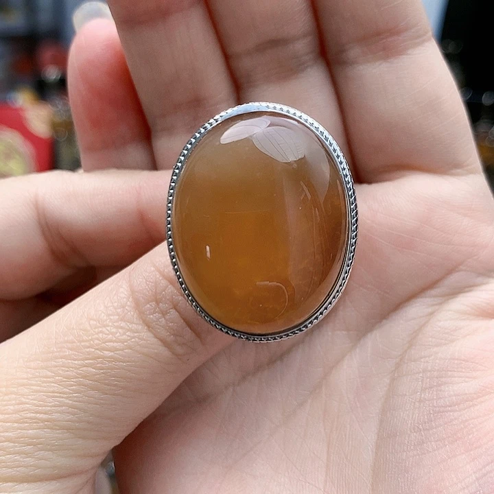 琥珀裸石银S925镶嵌戒指