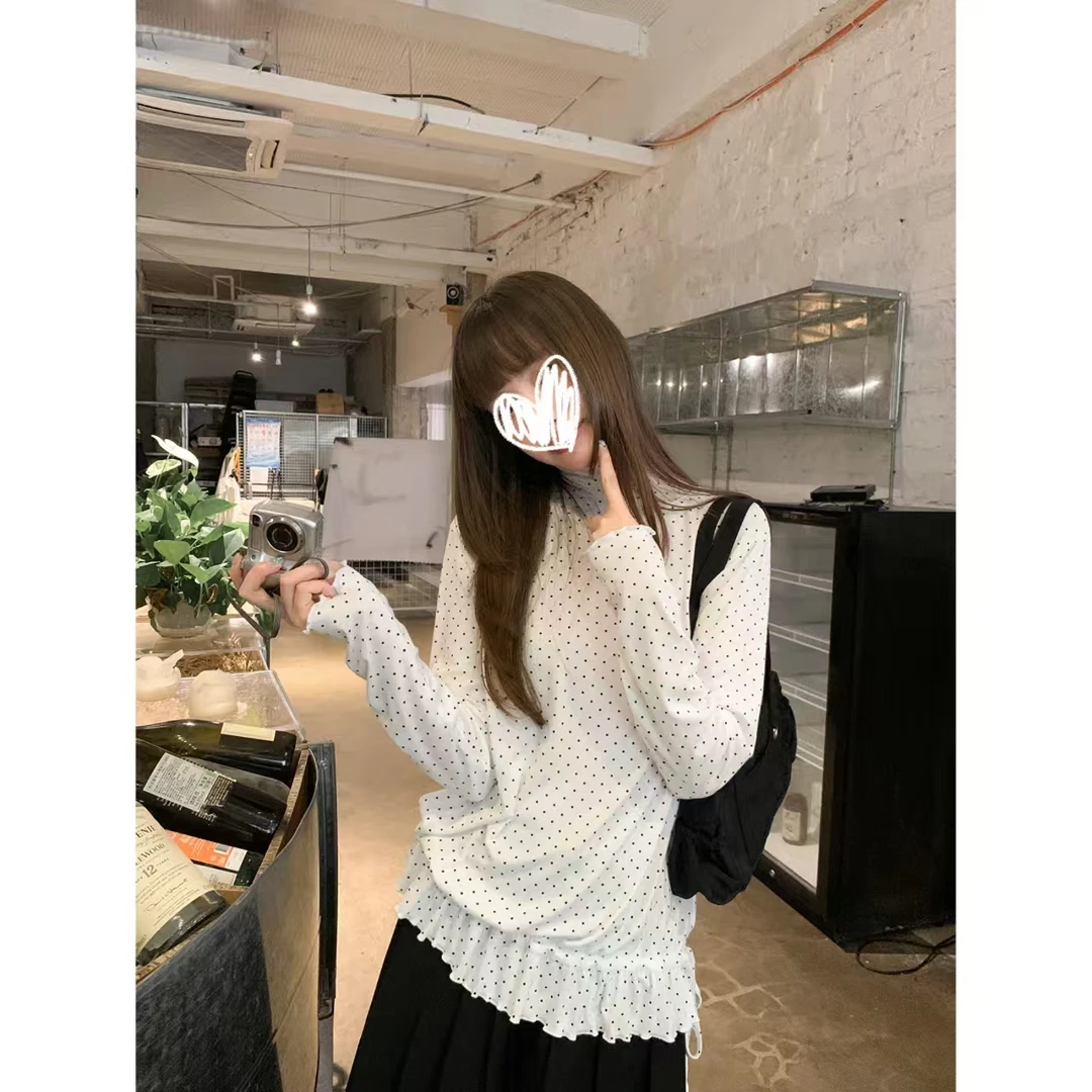 秋季杏色波点荷叶边长袖T恤小众别致叠穿打底衫上衣Y5080