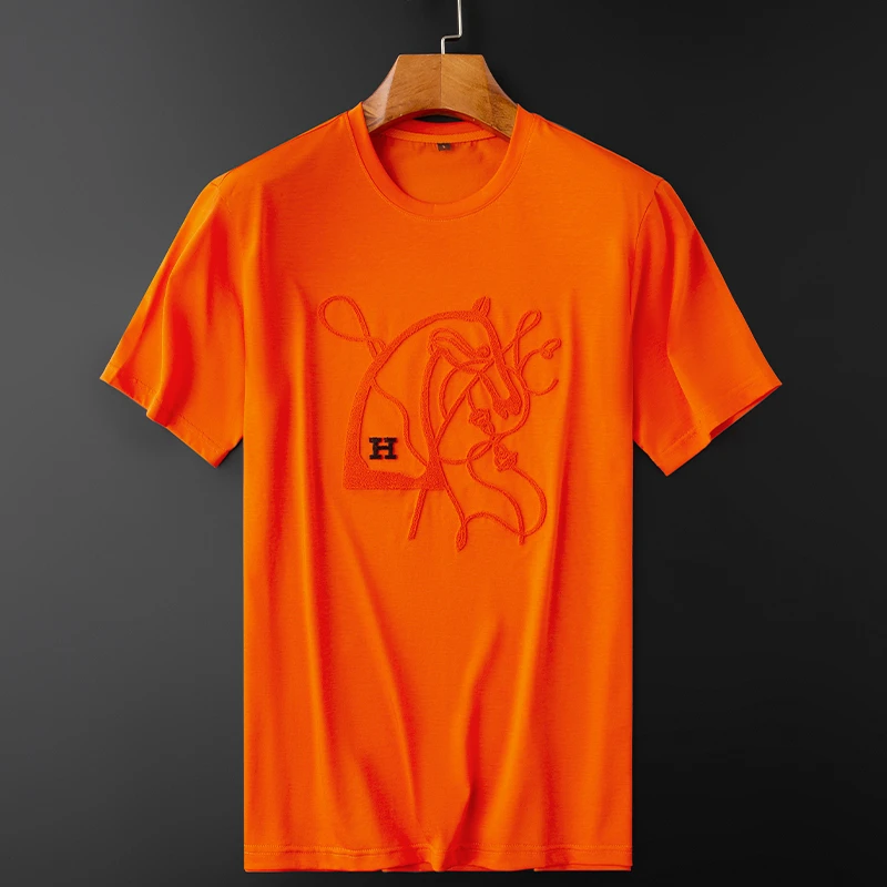景君澜爱马仕橙夏季薄款冰丝短袖t恤重工艺刺绣休闲半袖男士时尚