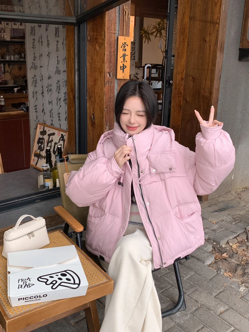 韩系小牛角扣连帽羽绒服宽松短款休闲时尚加厚保暖小个子女装外套