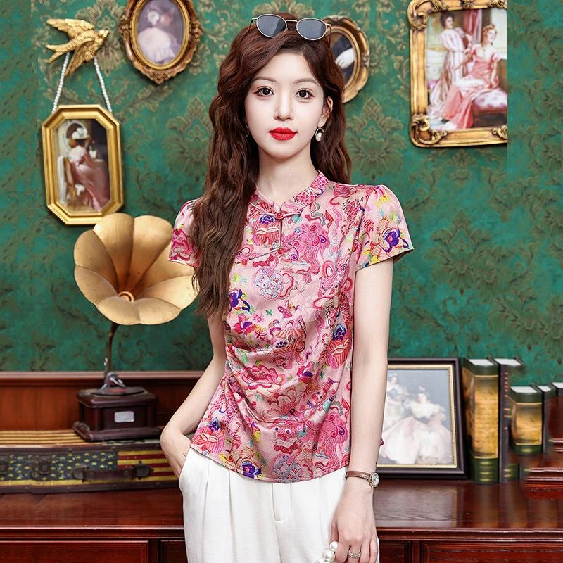 新中式衬衫女装短袖醋酸缎面t恤夏季新款收腰国风改良旗袍短上衣