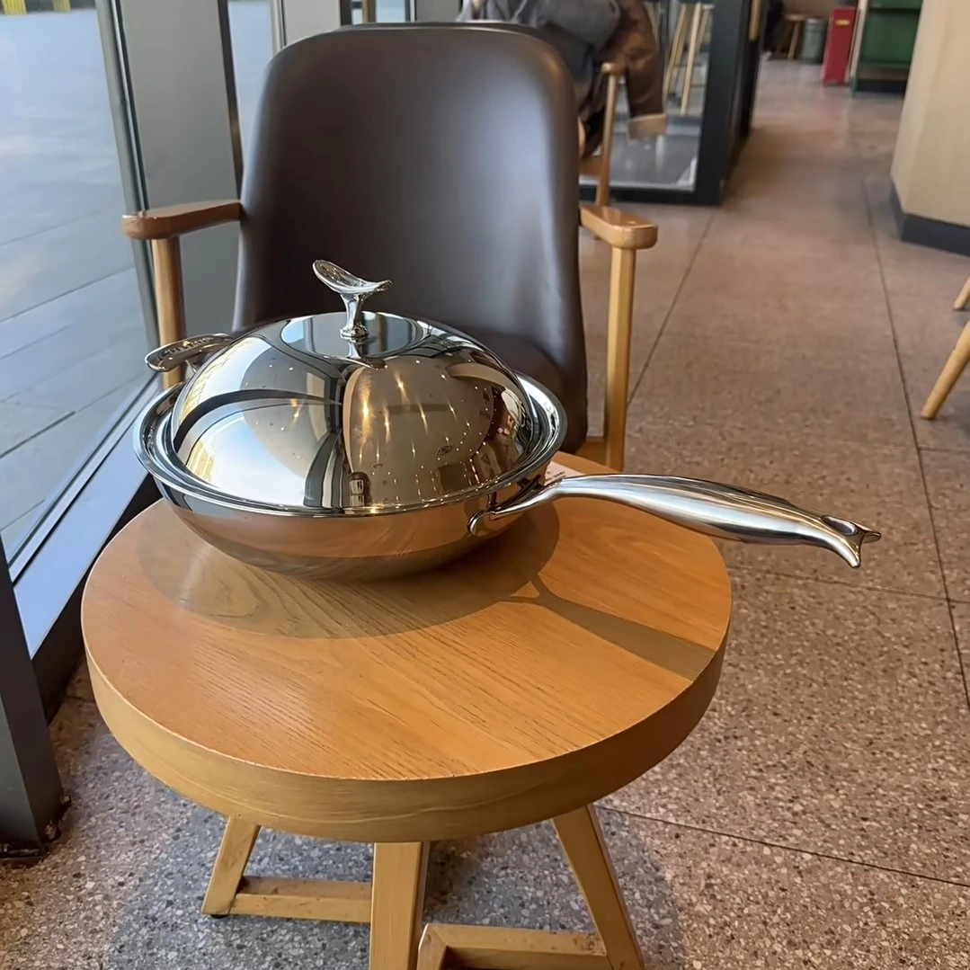 30厘米鲸鱼尾炒锅18/10不锈钢五层一体3.5毫米厚无涂层不粘锅内径