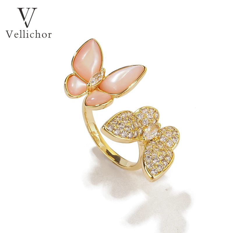 铜合金戒指 法粉贝蝴蝶戒指女轻奢小众设计气质食指戒开口可调节