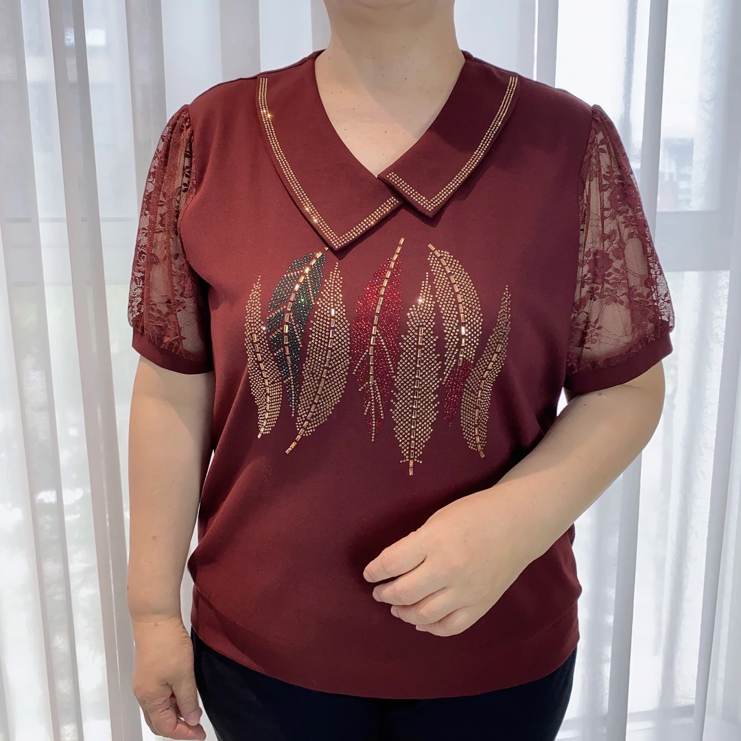 常规款休闲洋气中老年妈妈装蕾丝袖镶钻时尚夏季气质百搭显瘦9996