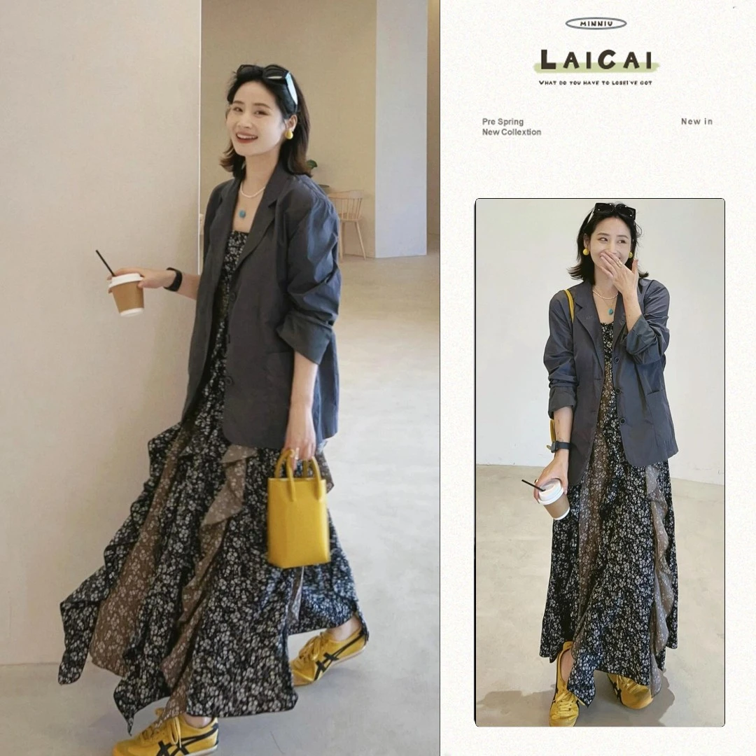 B213+B214春季港风复古宽松灰色西装外套设计感碎花吊带裙套装女