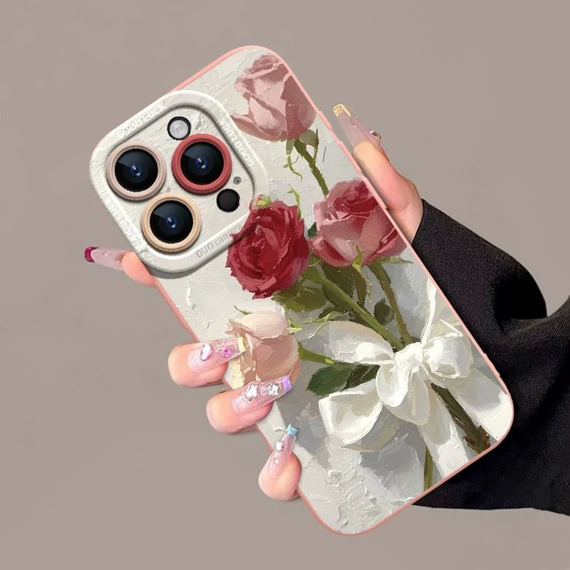 新款油画玫瑰适用苹果16手机壳/iPhone15promax防摔13/14新款12