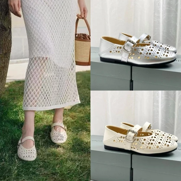 夏季新款女鞋子低跟圆头法式玛丽珍洞洞鞋镂空平底女鞋