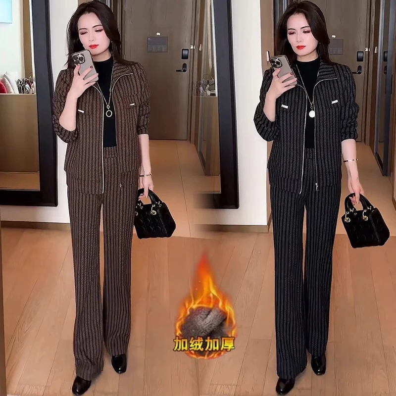 时尚休闲套装女2025冬季新款加绒加厚开衫阔腿裤运动两件套裤