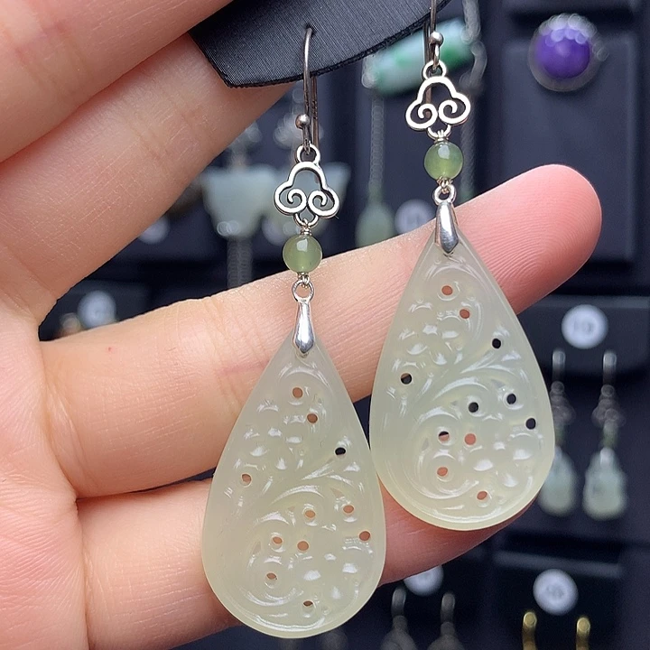 和田玉耳饰银S925镶嵌