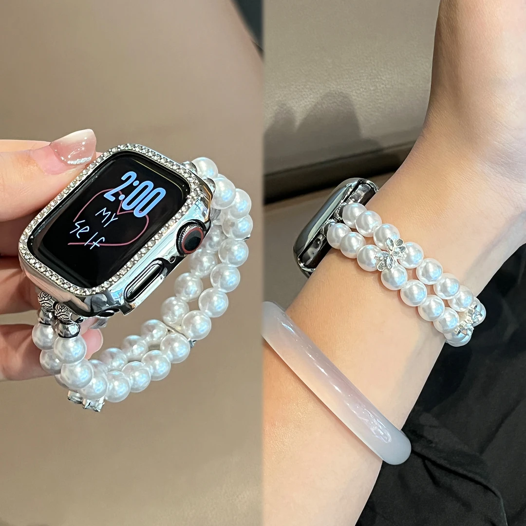 适用苹果手表表带s11新款昣株花朵S10串珠S9蝴蝶JY腕带s876女款