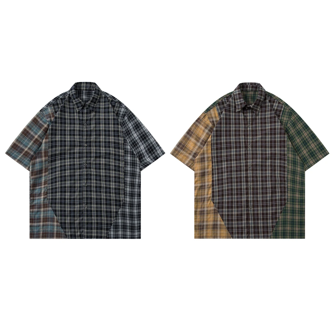 出前一町夏季款美式复古三色拼接小众翻领衬衫男女同款宽松短袖