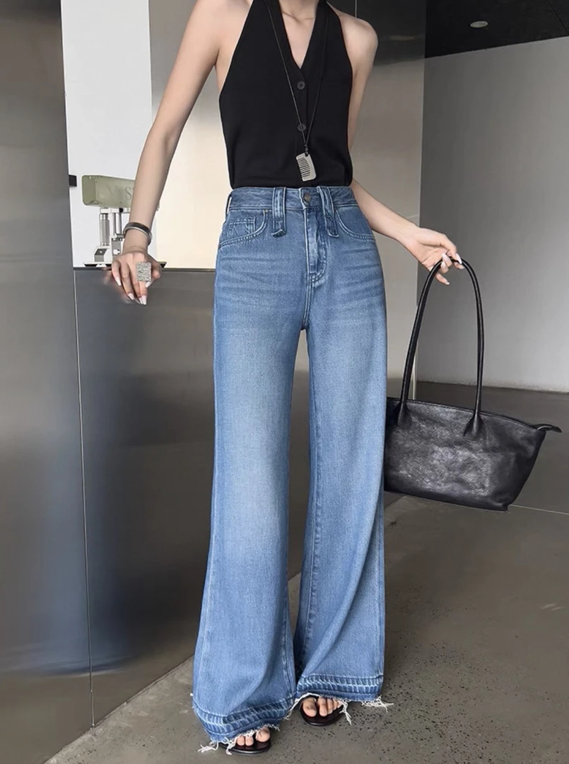 7601超优比例超薄垂感水洗蓝毛边时髦清新微喇牛仔裤