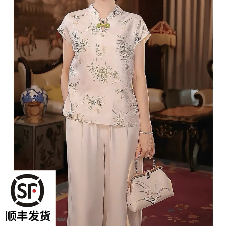 年轻妈妈夏装短袖T恤印花小衫2025新款洋气中老年女装上衣服套装