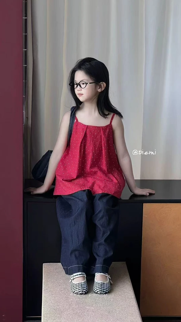 A7【红色波点上衣配牛仔裤一套】童装