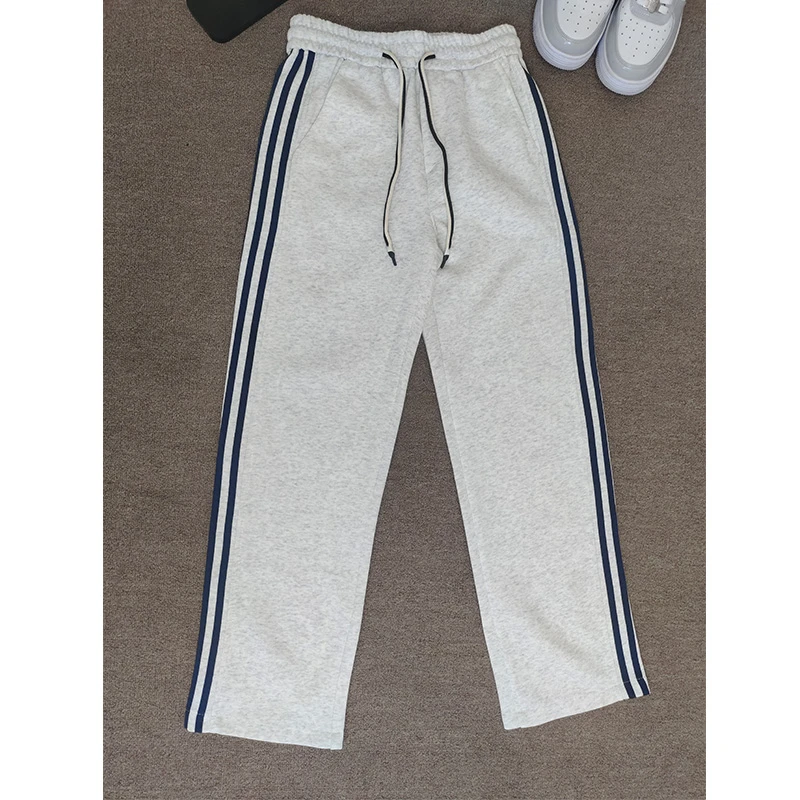 白花灰条纹卫裤男款春秋季美式潮牌运动裤子cleanfit三条杠直筒裤