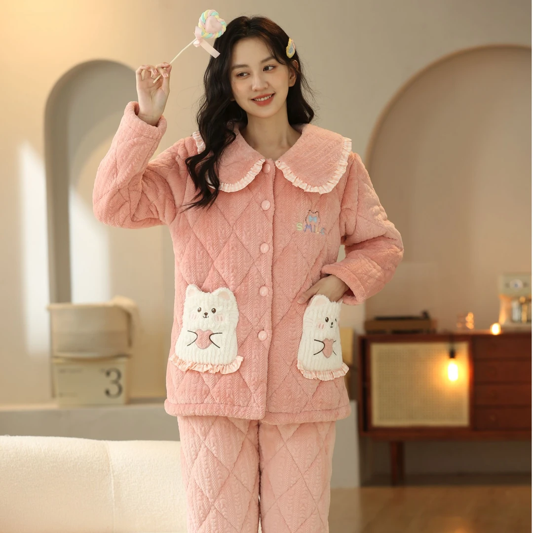 睡衣家居服套装女冬季加绒加厚家居服卡通长袖宽松毛绒冬天