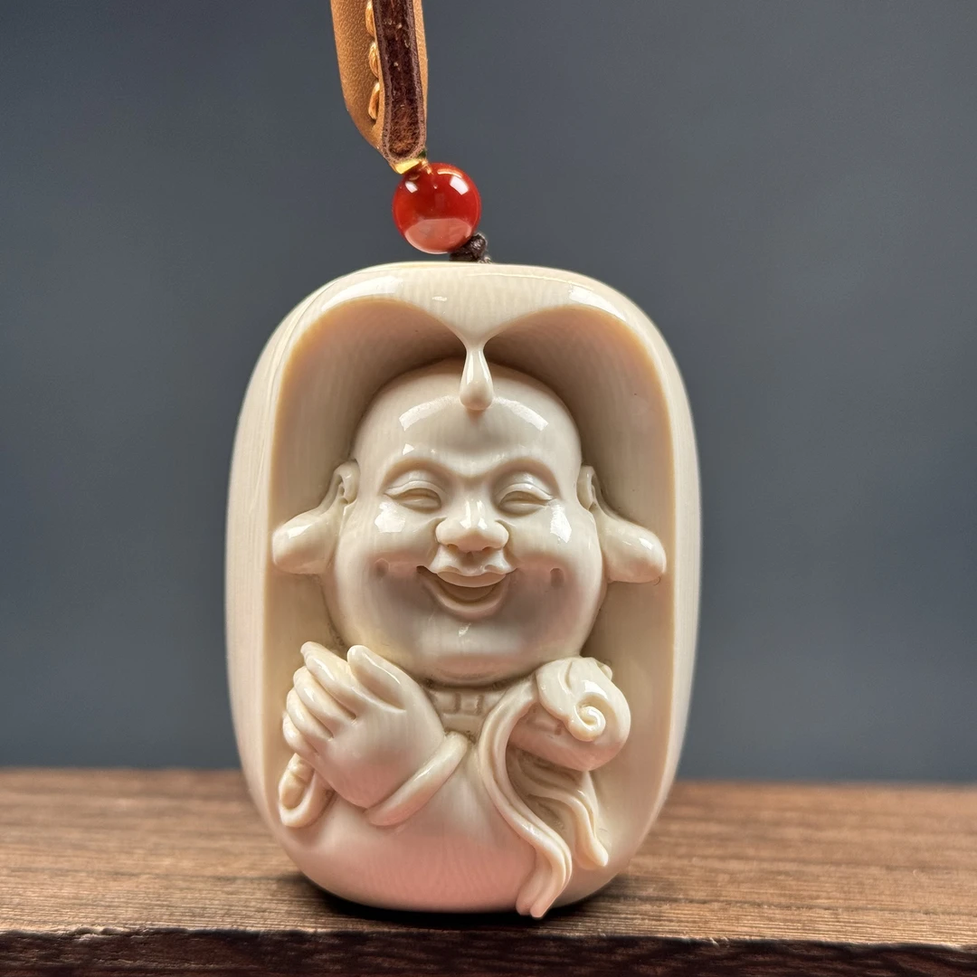 H2236天然猛犸牙弥勒佛雕刻牌44×57mm/84.2克 支持鉴定 假一罚四