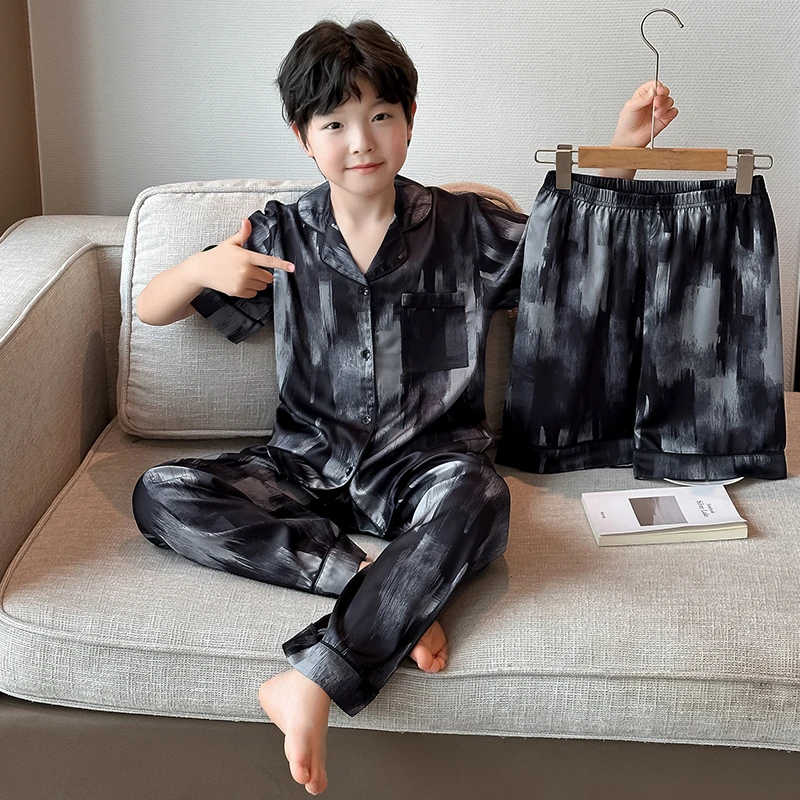 男童冰丝睡衣夏季2025新款中大童短袖长裤家居服高端洋气男孩睡衣