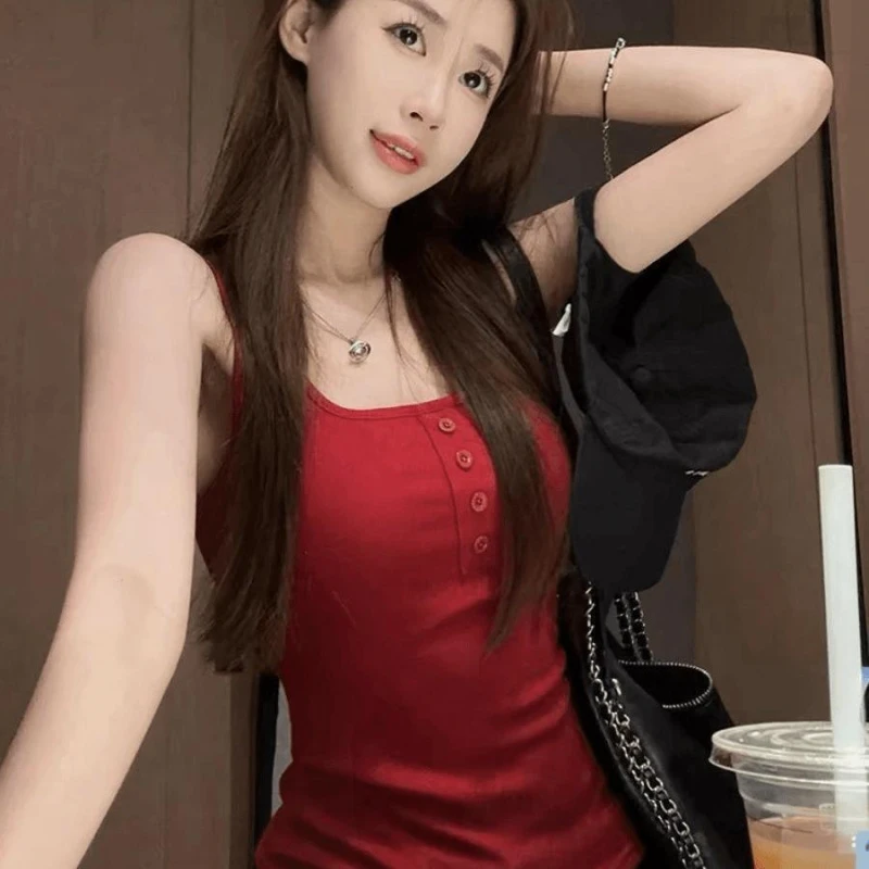 春夏季红色复古方领吊带背心女大码修身辣妹显瘦百搭打底无袖上衣