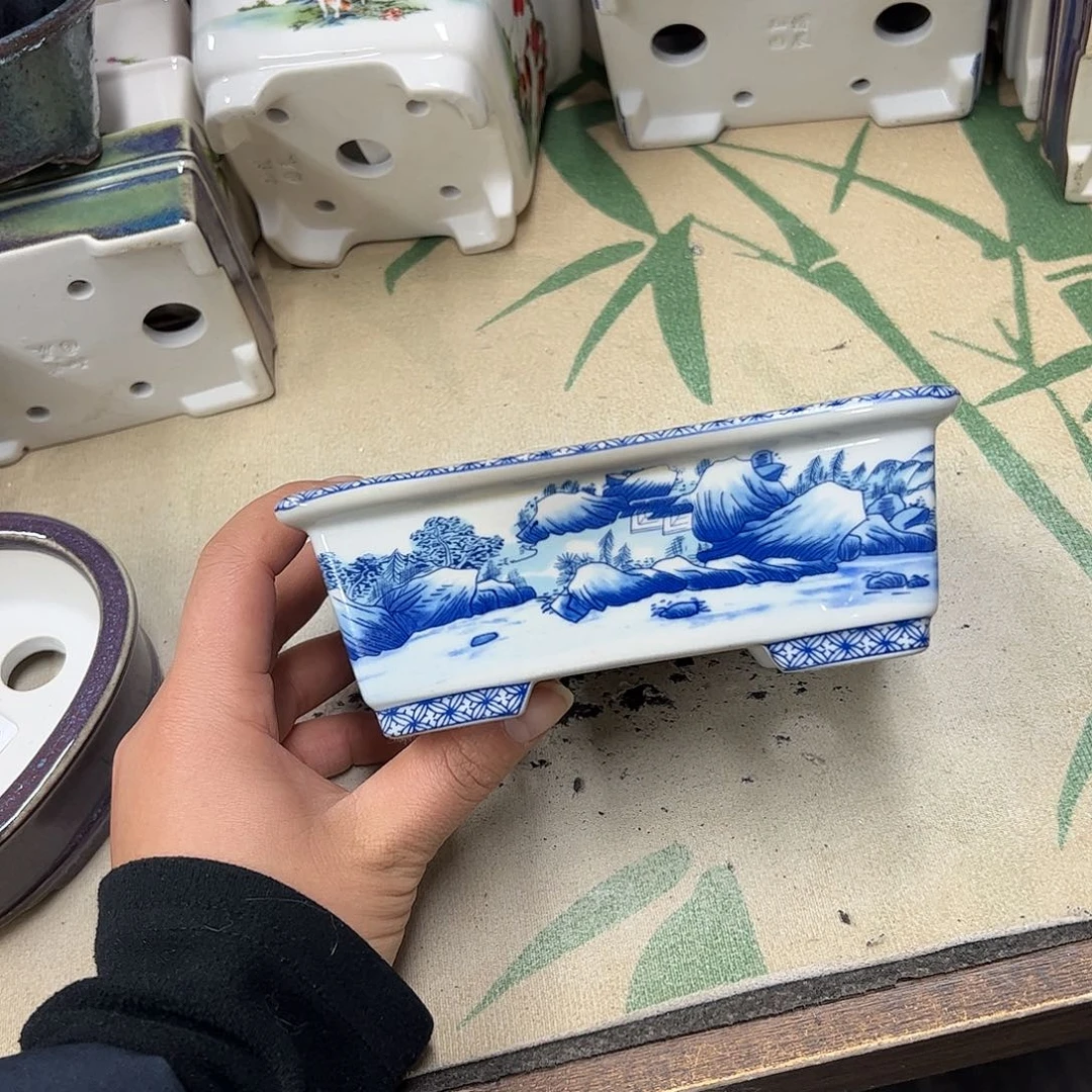 紫砂花盆600号瑕疵15/12/5cm仿手绘青花山水