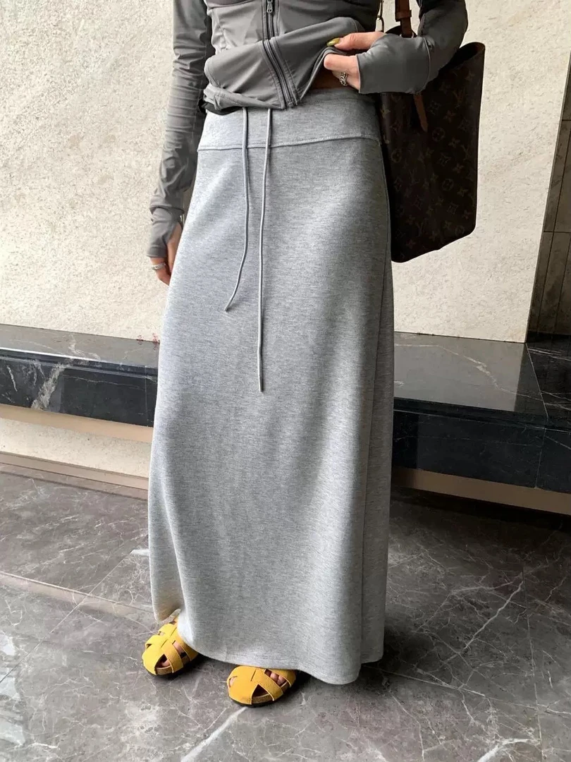 韩系设计感开叉直筒包臀半身裙女夏季松紧腰抽绳百搭纸片裙