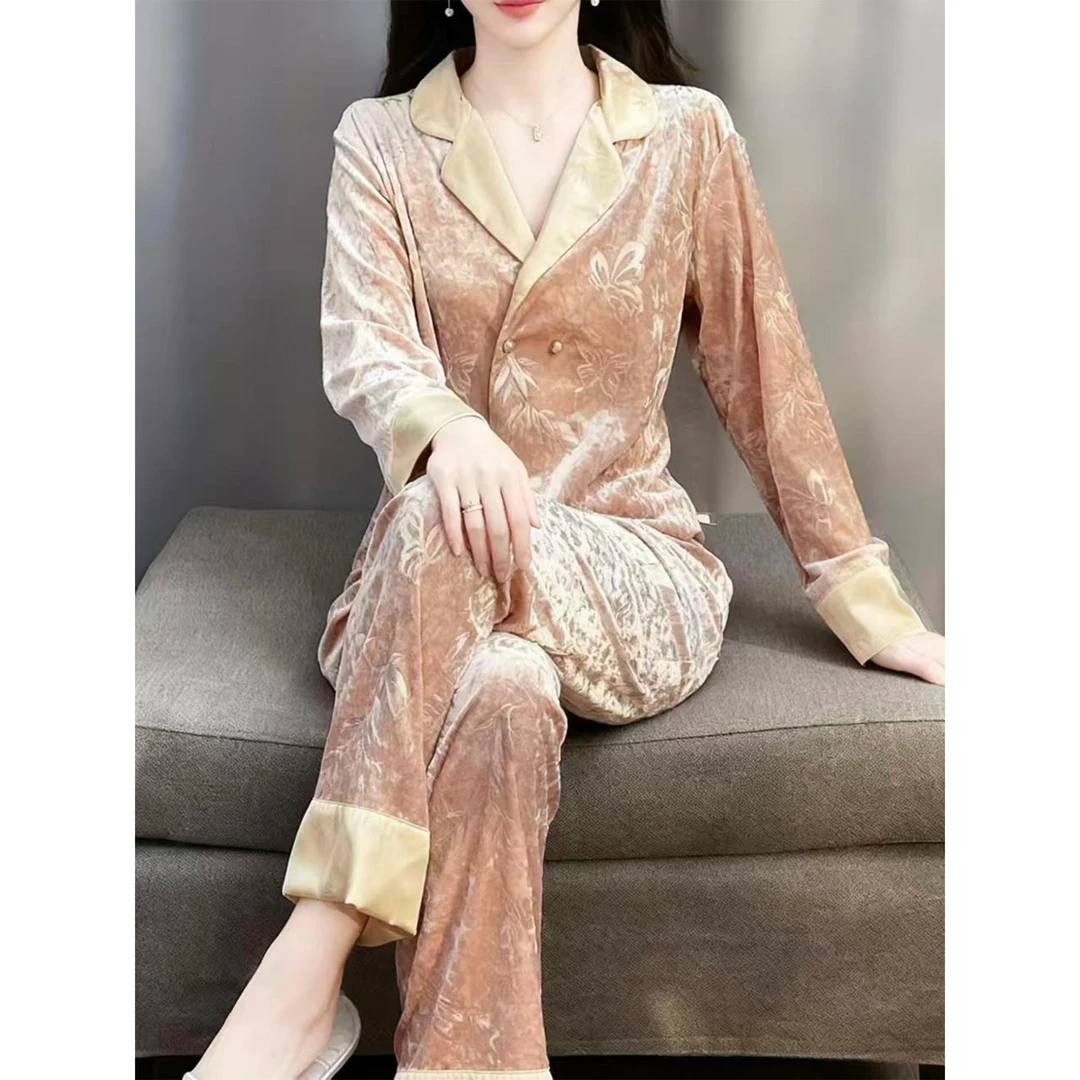 维多利亚秋冬季新款国风金丝绒睡衣女蝴蝶压花双排扣长袖长裤家居