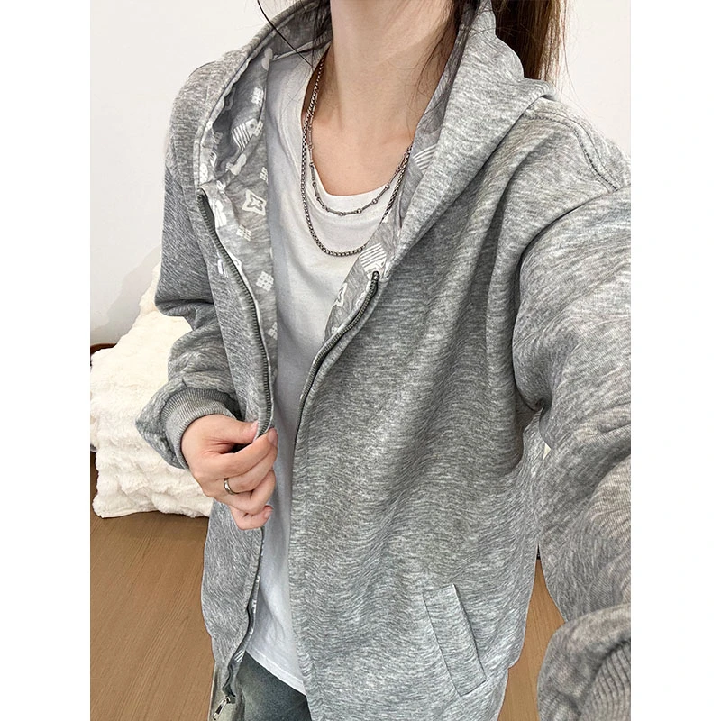 美式高街印花开衫卫衣男女款秋季潮牌重磅连帽衫cleanfit情侣外套