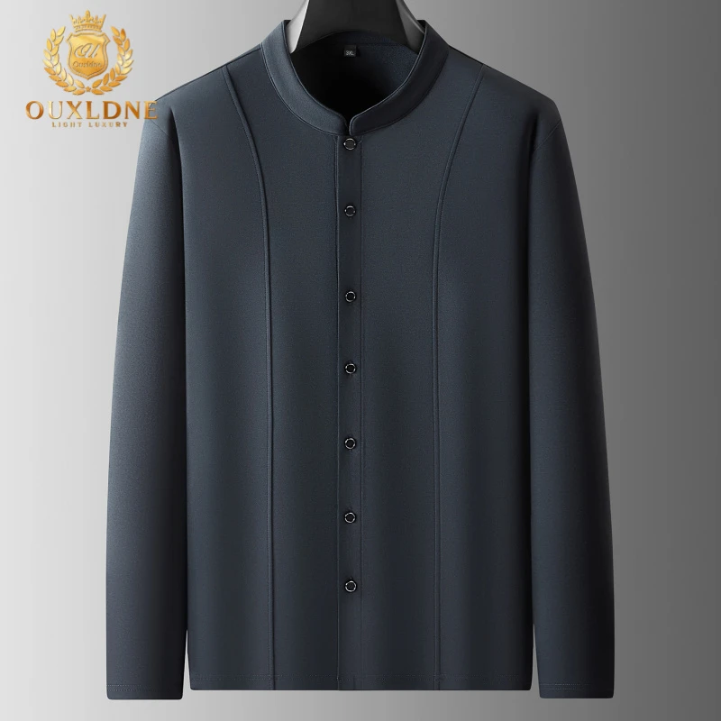 OUXLDNE中式立领长袖T恤男大码300斤肥佬宽松上衣秋冬休闲弹力衣
