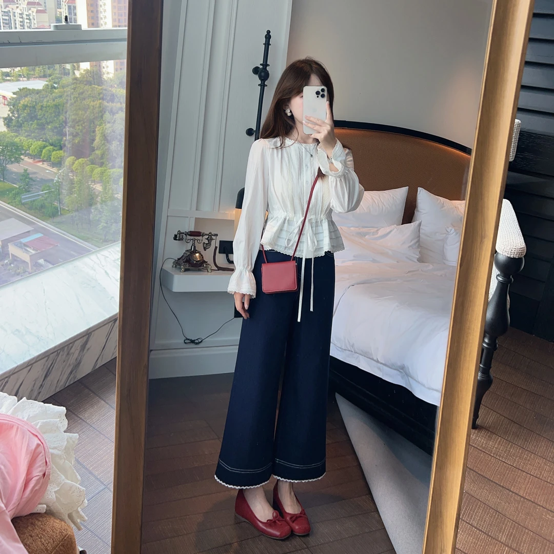 小小家 小个子小码竹节棉花边直筒牛仔裤阔腿垂感不皱八分休闲裤