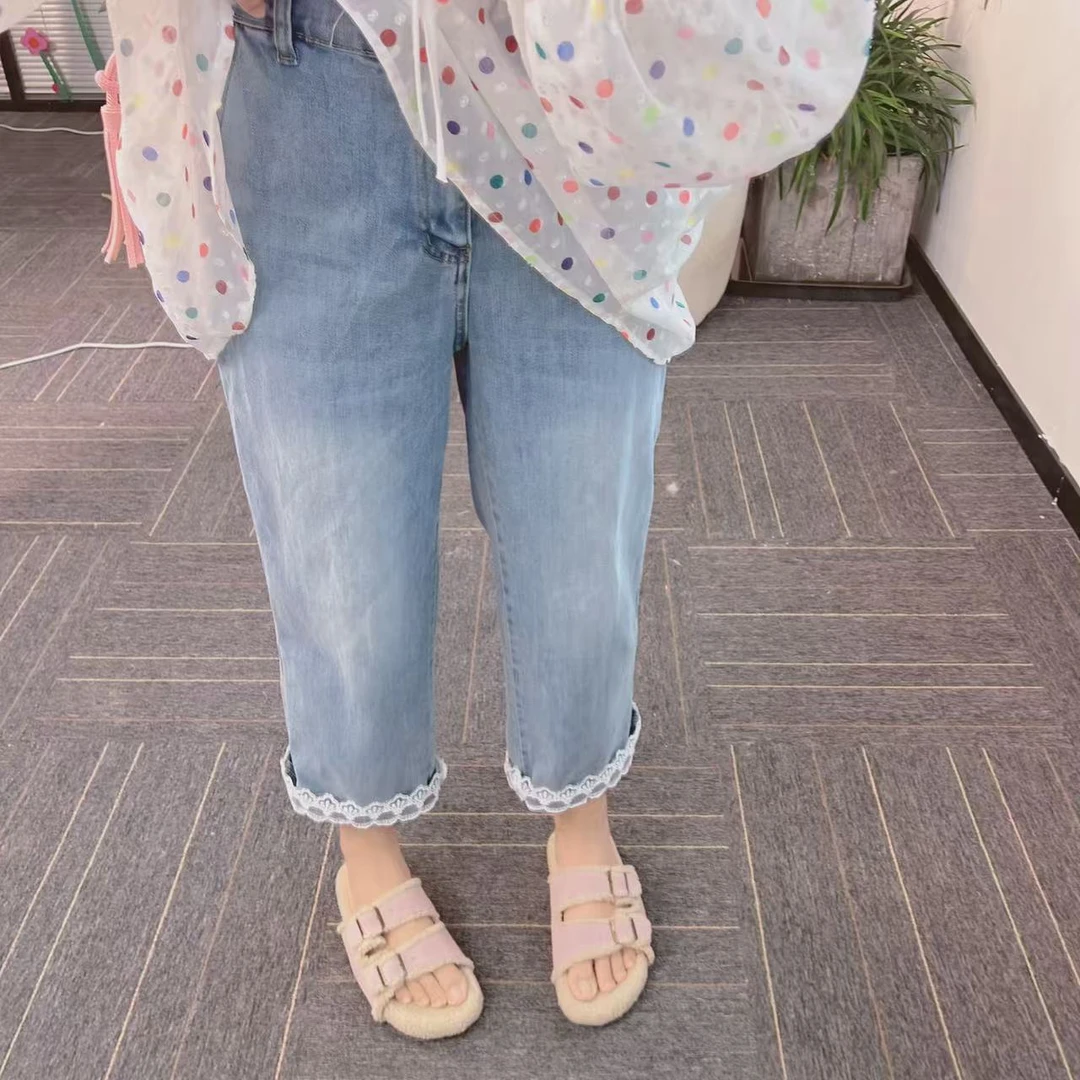 【纯熙+】30903夏季新款单层蕾丝边牛仔裤女韩版宽松百搭直筒裤