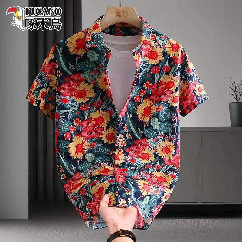 TUCANO/啄木鳥纯棉短袖碎花衬衫男2025夏季翻领时尚薄款速干衬衣