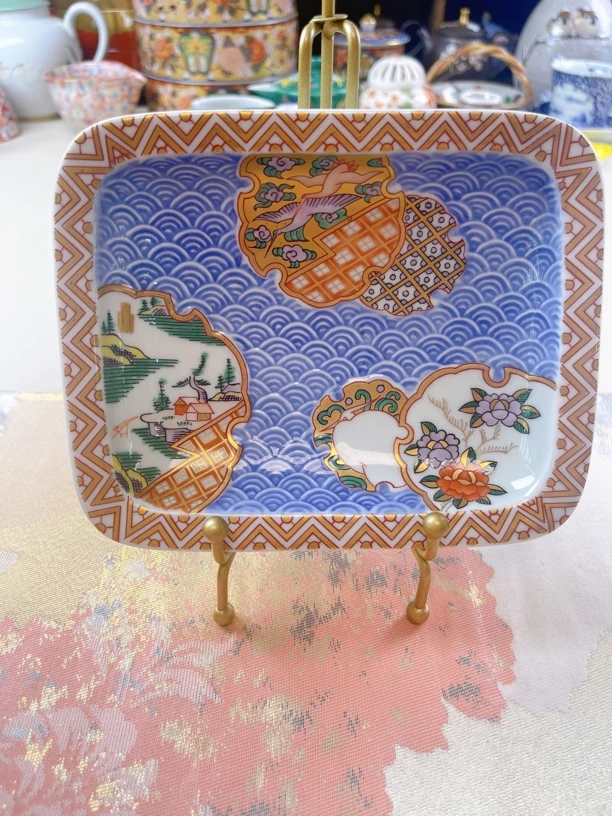 林九郎手绘方盘立体海浪浮雕纹长盘壶承