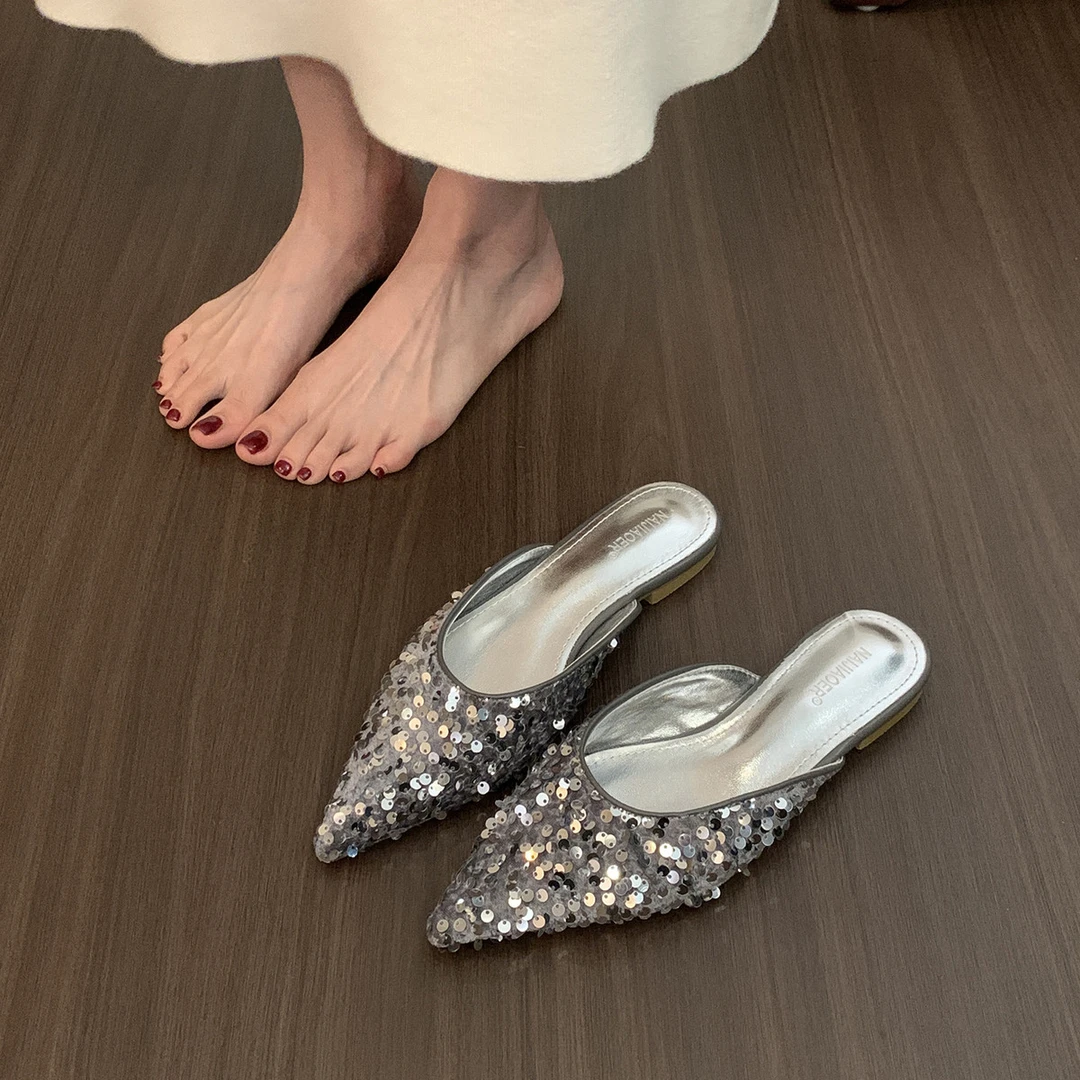 亮片气质包头半拖鞋女2025年夏季新款仙女休闲女士女款平底凉拖