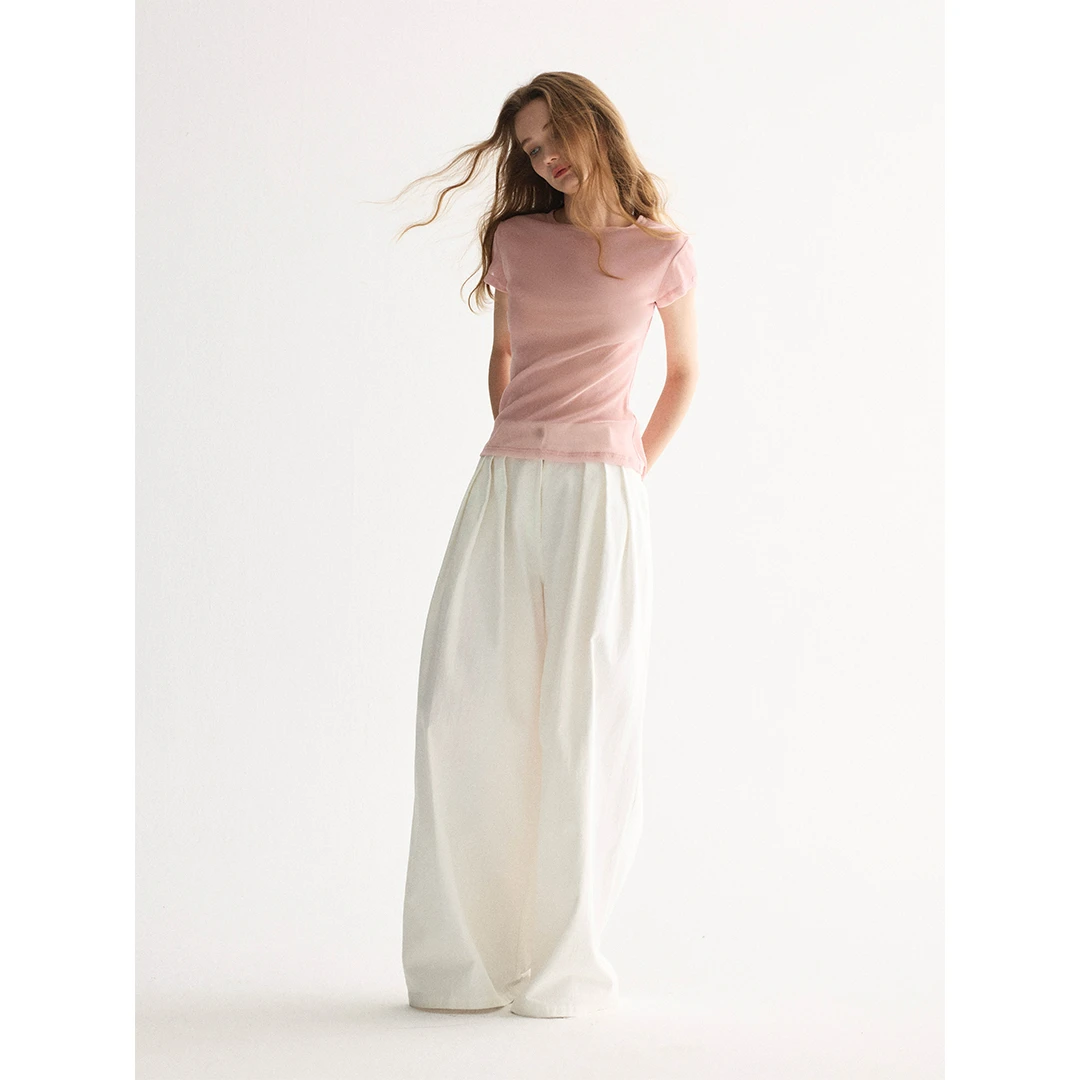 SOFTSELF薄雾梦泽新款粉色丝绒修身版短T恤夏女显瘦设计感