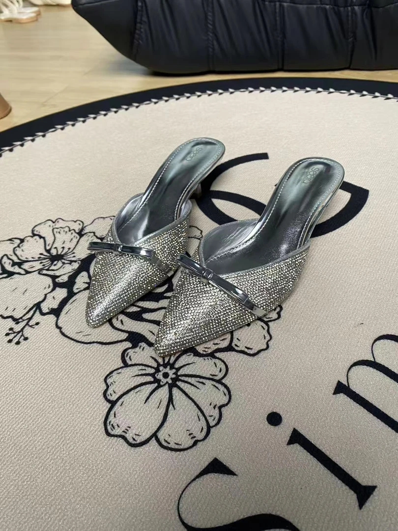 4719-3新款细跟高跟凉拖鞋女夏季外穿带水钻尖头包头半拖鞋