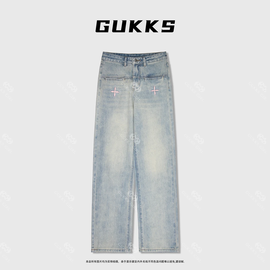 明明专享『粉色十字』春夏重工刺绣渐变色直筒牛仔裤气质休闲裤