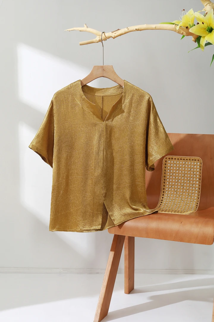 新款桑蚕丝V领短袖夏季成人淑女衬衫大码衬衣百搭夏装中式