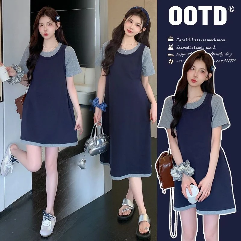 时髦孕妇装夏季新款时尚韩版休闲简约款拼接撞色假两件显瘦连衣裙