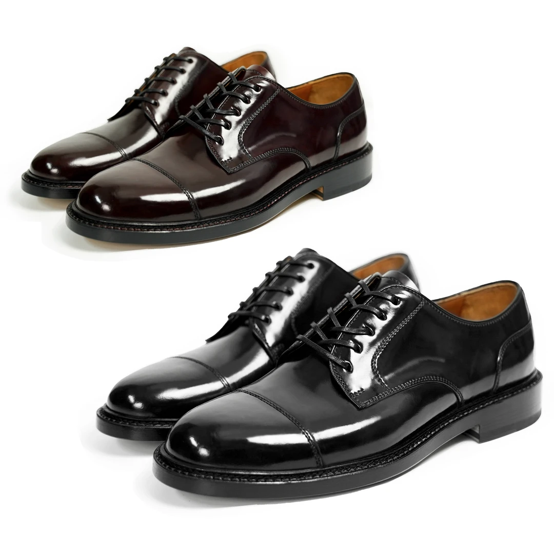 意大利马臀皮三接头军官男皮鞋固特异手工鞋系带圆头德比正装皮鞋