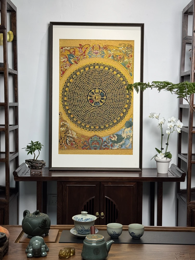 刺绣彩六字真言唐卡装饰画茶室玄关客厅背景墙挂画