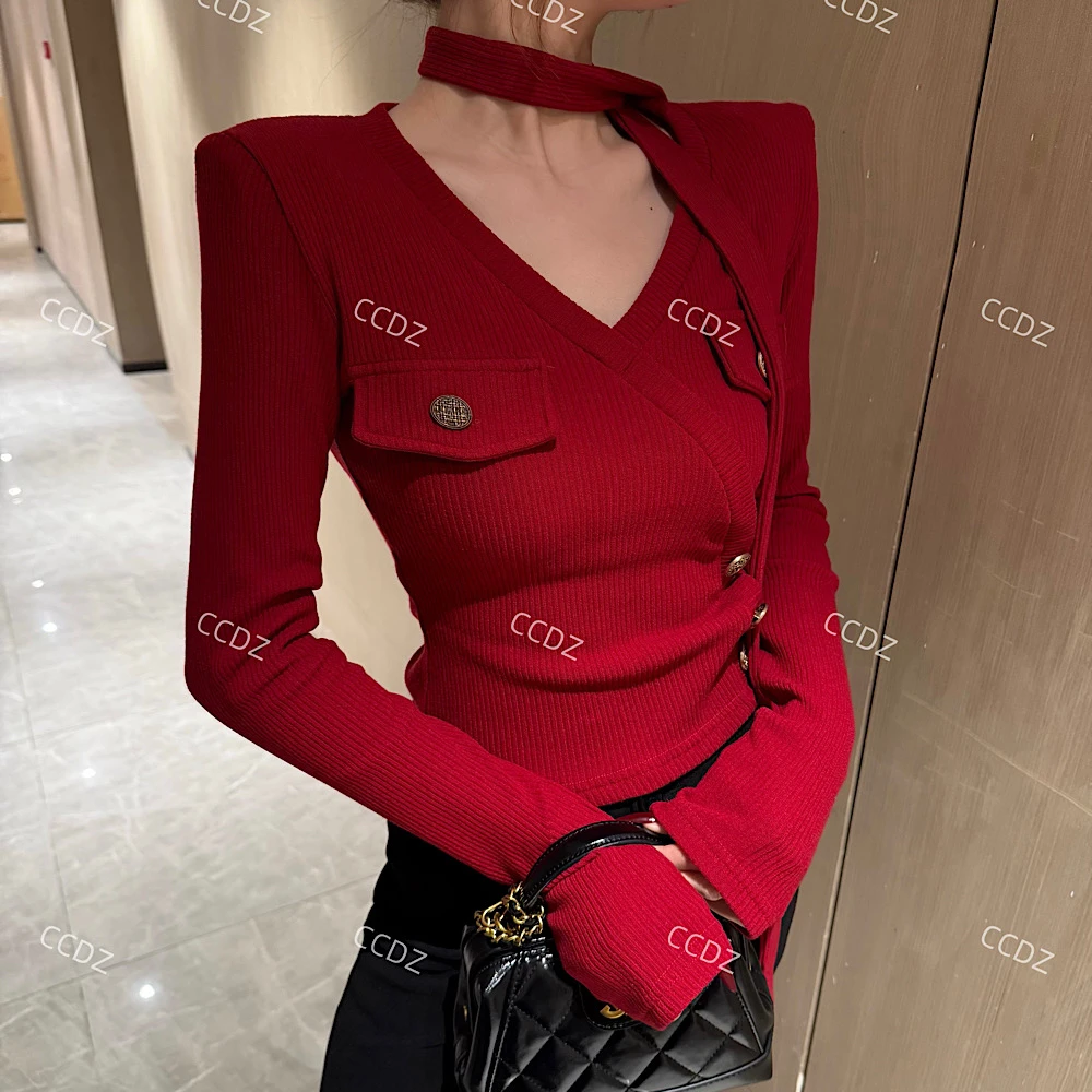 【CCDZ】秋冬新款时尚设计感V领精品棉坑条磨毛加绒加厚配飘带上衣