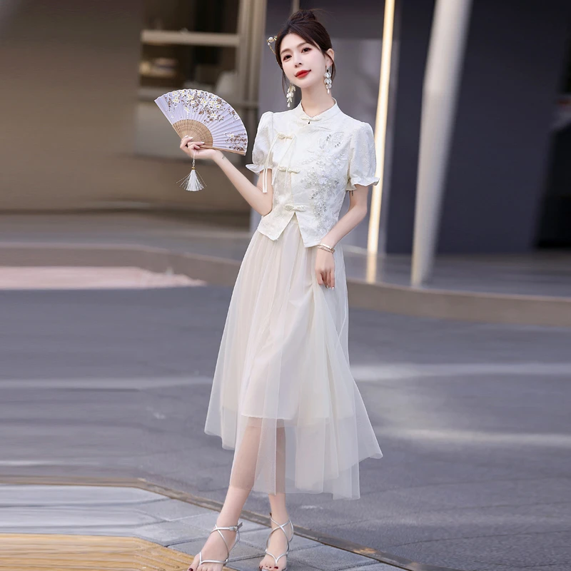 中式夏季新款国风复古潮流上衣半身裙两件重工套刺绣后妈裙洋气