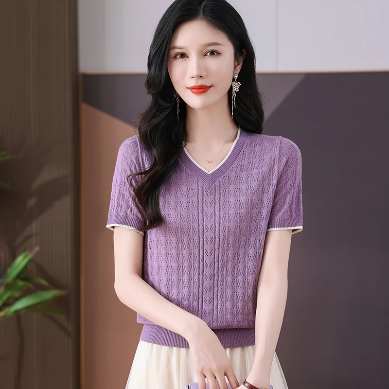 夏季100%天丝女士V领宽松显瘦套头百搭减龄短款时尚短袖针织衫