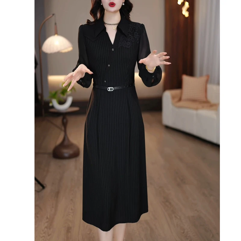 黑色经典条纹连衣裙女2025春季新款时尚气质干练洋气中青年中长裙