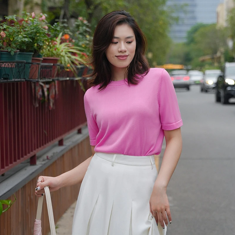 天丝针织衫女装基础薄款纯色短袖上衣圆领内搭打底衫2025夏季新款