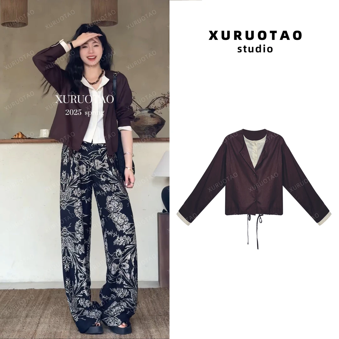 XURUOTAO 【知秋】亚麻复古时尚假两件外套 T6010