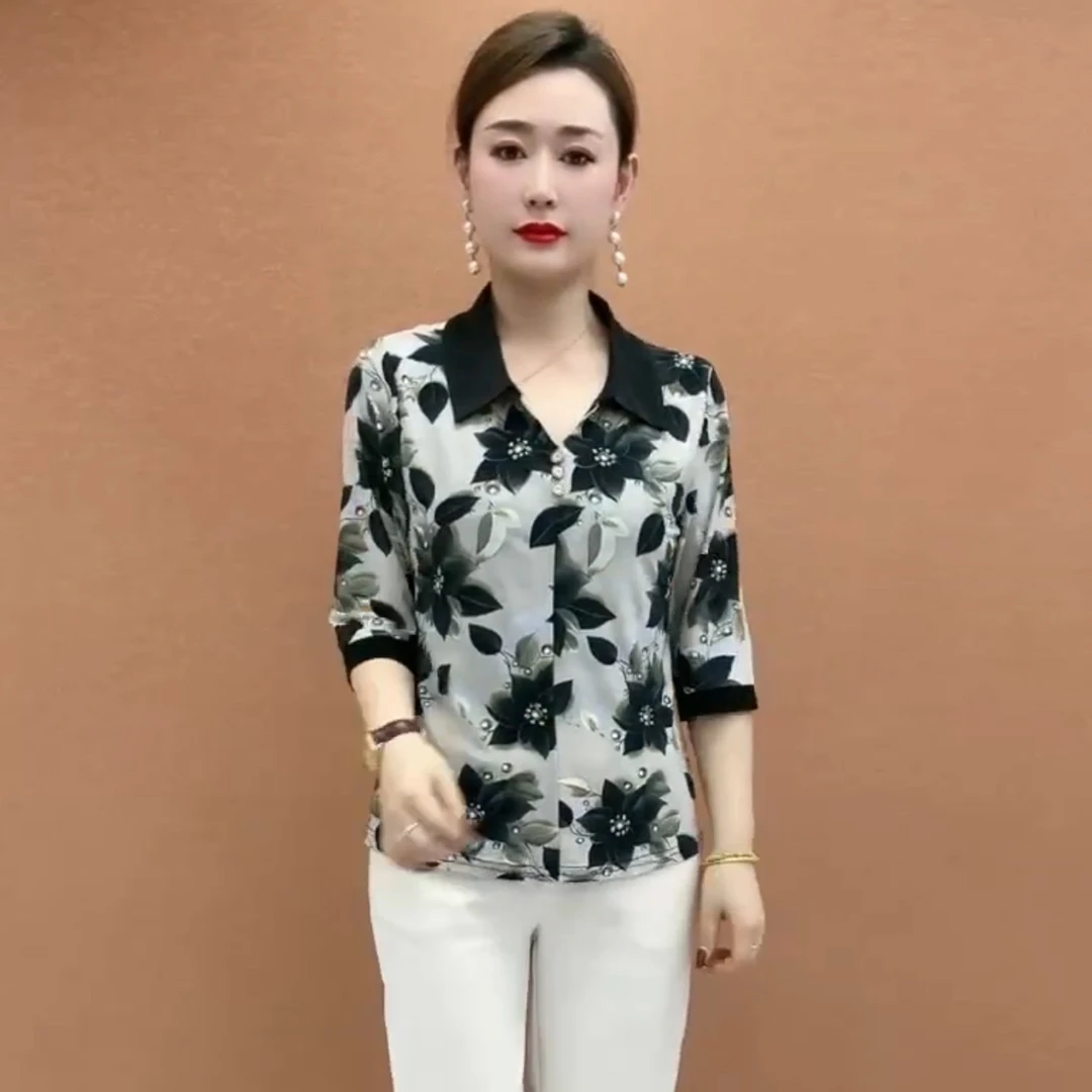 新款夏季时尚翻领短袖中老年妈妈洋气休闲上衣气质百搭时尚女T恤