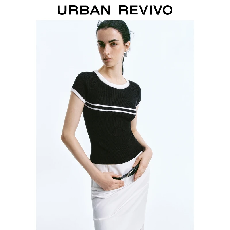 UR2025夏季新款女装休闲简约撞色条纹短袖针织衫UWM950045