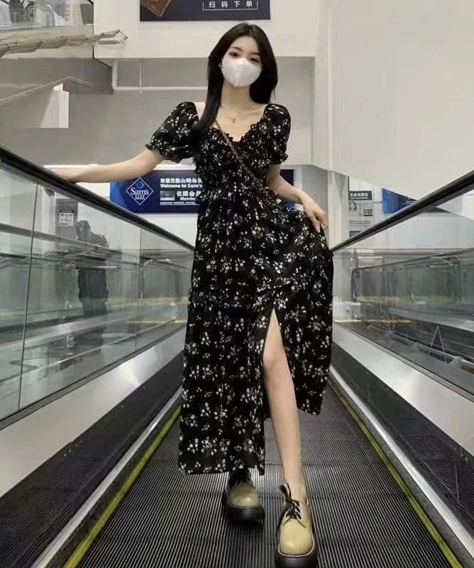 1018优雅碎花显瘦小黑裙al