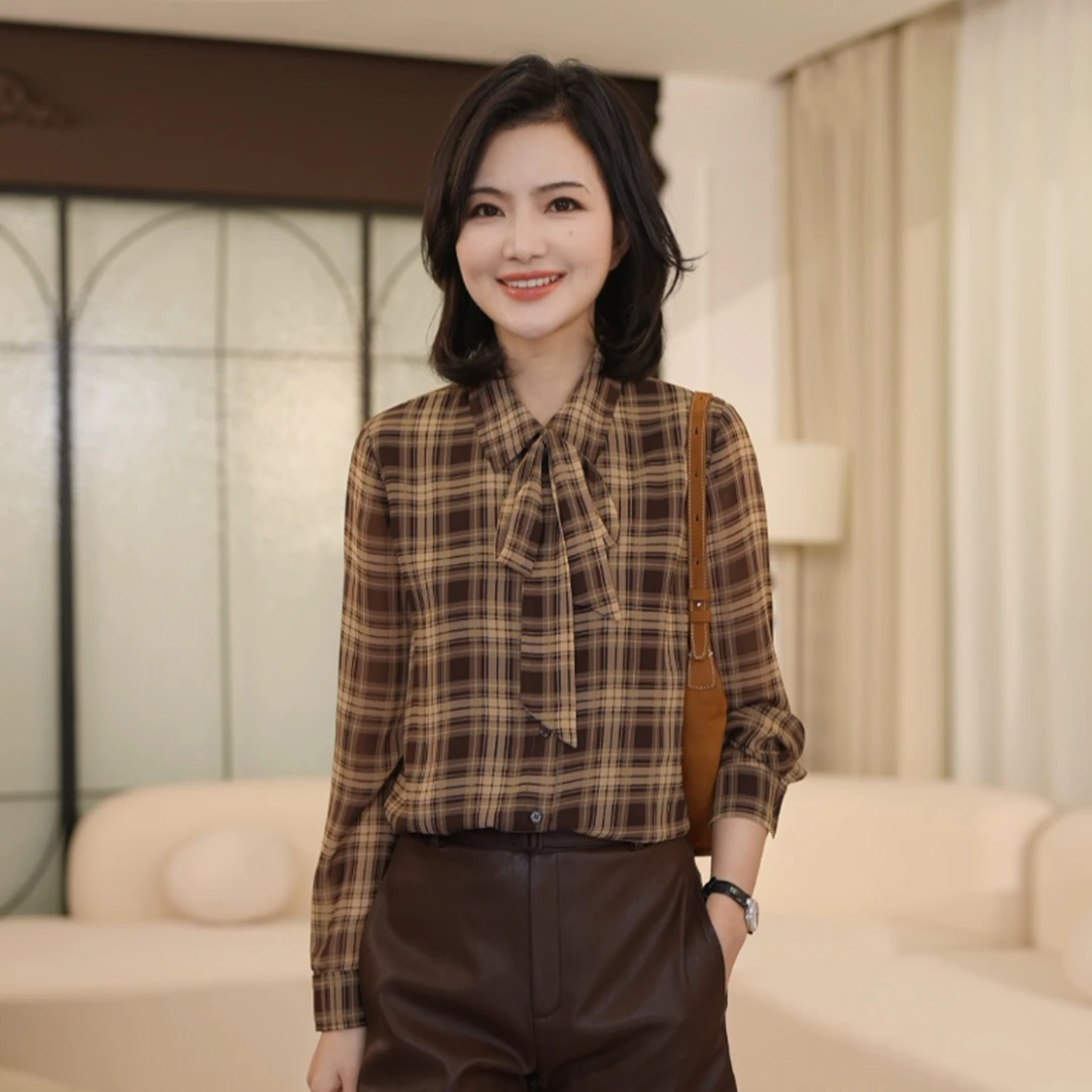 枫竺阿楠anan美拉德翻领可拆卸飘带单排扣格纹长袖衬衫女秋季上衣